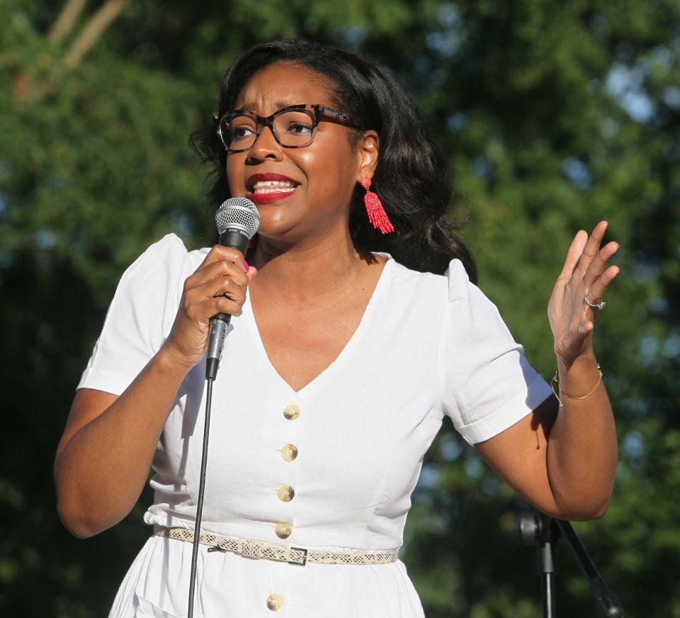 Emilia Strong Sykes, currently the Minority Leader in the Ohio House of Representative and is running for Ohio's 13th District seat in the U.S. House of Representatives, speaks during the Rally for Reproductive Justice at the Cuyahoga Falls Pavilion and Amphitheater on Tuesday.