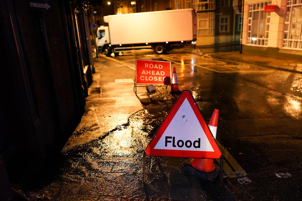 YORK, ENGLAND - JANUARY 21: Roads are closed alongside the River Ouse in York following flooding as rain and recent melting snow raise river levels on January 21, 2021 in York, England. Storm Christoph is the first named storm of 2021 with heavy rain and snowfall bringing flooding to areas of the UK including Yorkshire, Greater Manchester and Cambridgeshire. (Photo by Ian Forsyth/Getty Images)