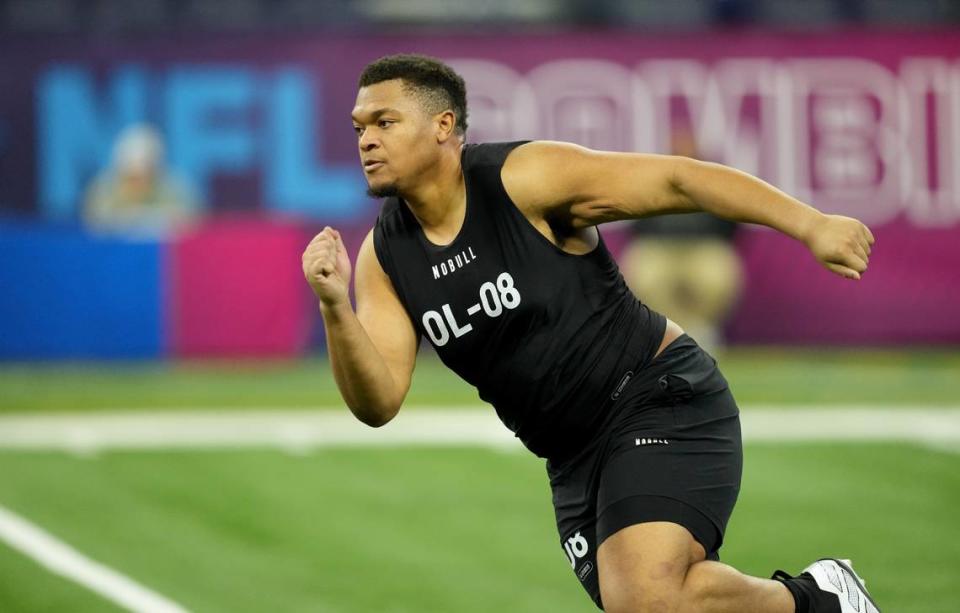 Kansas offensive lineman Earl Bostick, Jr. (OL08) during the NFL Scouting Combine at Lucas Oil Stadium on March 5, 2023.