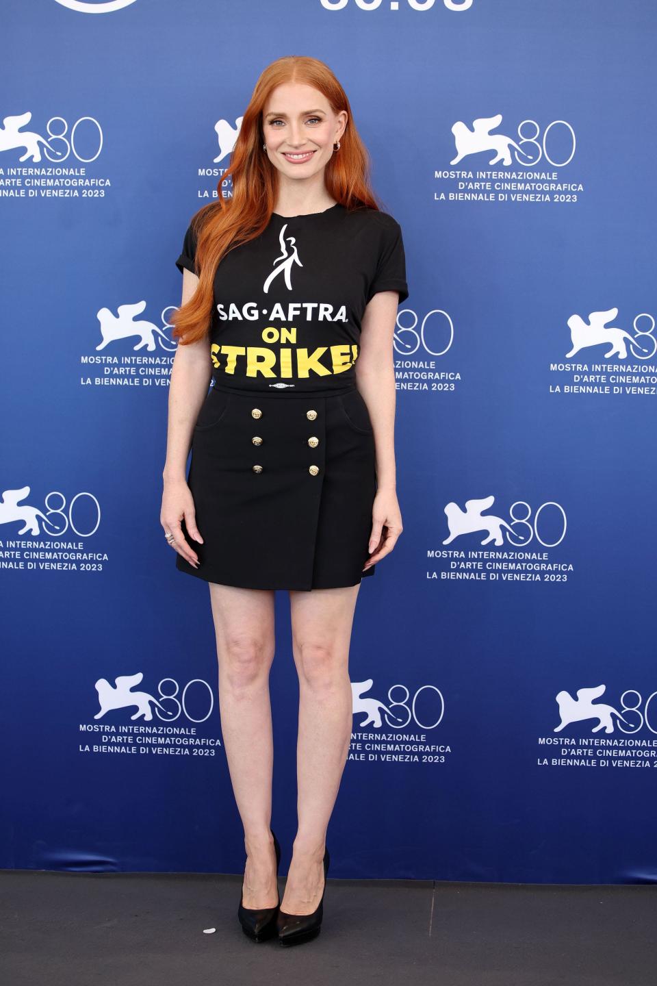 Jessica Chastain attends a photocall for "Memory" at the Venice Film Festival in September 2023.