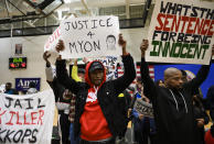 ST LOUIS PARK, MN - MARCH 01: Protestors on stage during a rally for Democratic presidential candidate Sen. Amy Klobuchar (D-MN) on March 1, 2020 in St Louis Park, Minnesota. The protesters, critical of Klobuchar's history as a prosecutor in Hennepin County, successfully shut down the event. (Photo by Stephen Maturen/Getty Images)