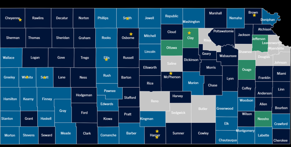 This screenshot shows an interactive map offered by the state of Kansas’ Rural Opportunity Zones (ROZ) program. The grey counties are not participants, and the stars indicate city or foundation sponsors. Kansas Commerce screenshot