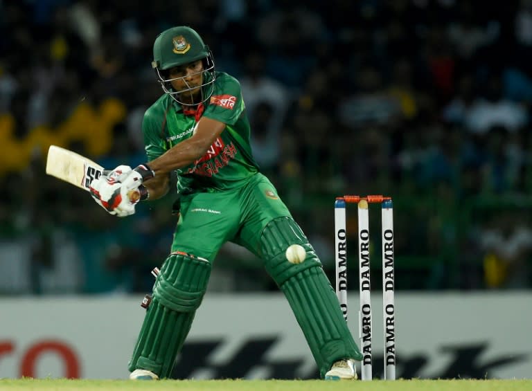 Bangladesh cricketer Mosaddek Hossain plays a shot against Sri Lanka at the R Premadasa Stadium in Colombo on April 4, 2017