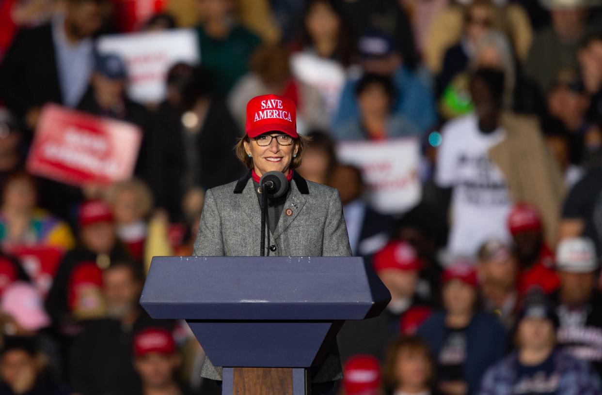 Arizona State Senator Wendy Rogers gives a speech ahead of former President Donald Trump's speech in Florence on Saturday, Jan. 15, 2022.