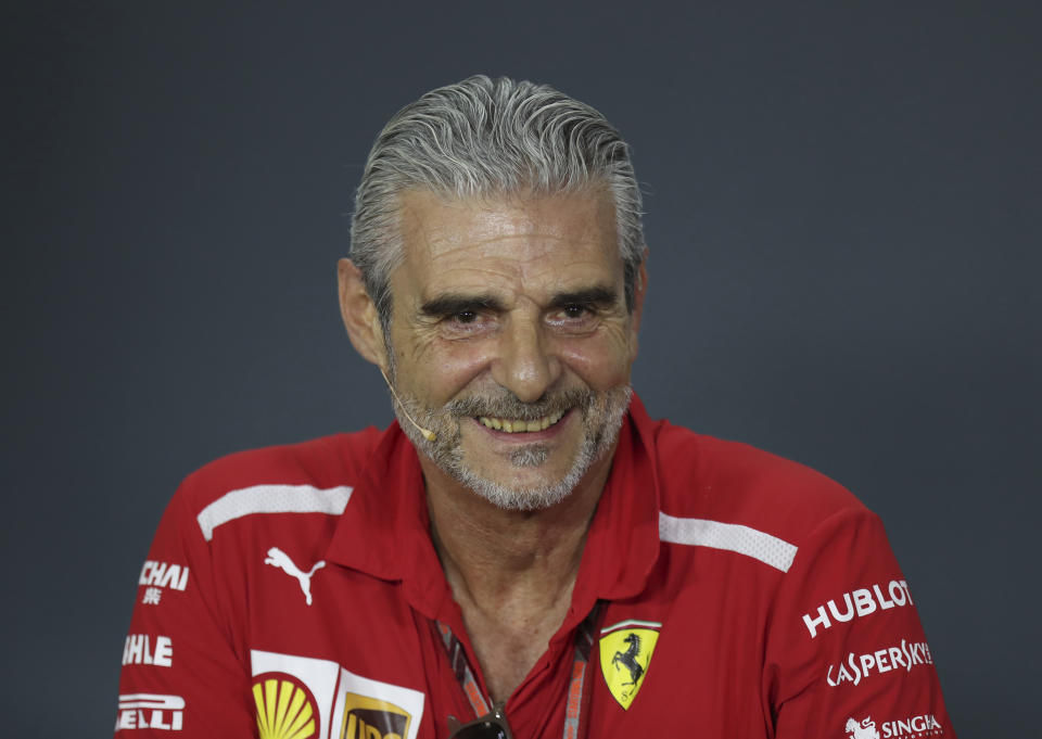 Ferrari team principal Maurizio Arrivabene speaks during a press conference at the Marina Bay City Circuit ahead of the Singapore Formula One Grand Prix in Singapore, Friday, Sept. 14, 2018. (AP Photo/Yong Teck Lim)