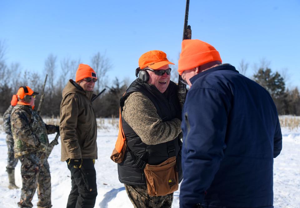 Randy Otwell, retired Chief Warrant Officer 4, chats with a volunteer between birds at a Wings of Valor hunting retreat on Friday, February 17, 2023, in Parker, SD.