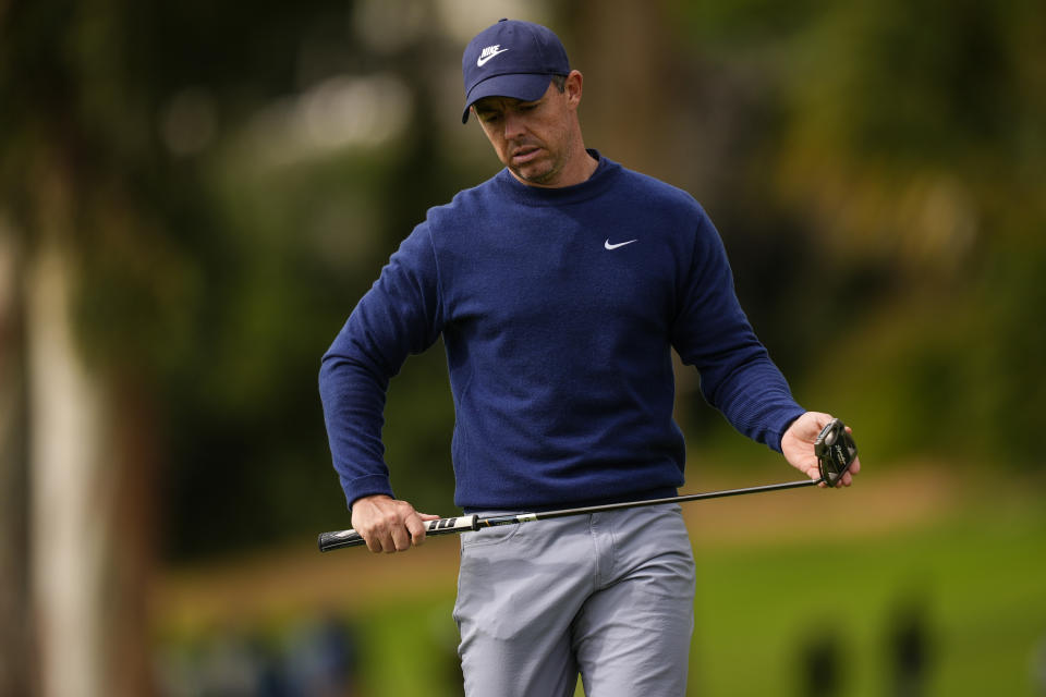 Rory McIlroy, of Northern Ireland, waits to putt on the ninth green during the final round of the Genesis Invitational golf tournament at Riviera Country Club, Sunday, Feb. 18, 2024, in the Pacific Palisades area of, Los Angeles. (AP Photo/Ryan Sun)