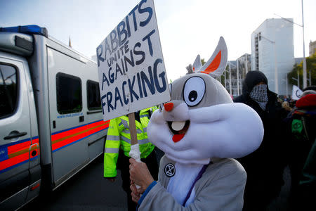 A protester holds a placard outside the Houses of Parliament during a demonstration against fracking, in London, Britain, October 31, 2018. REUTERS/Henry Nicholls