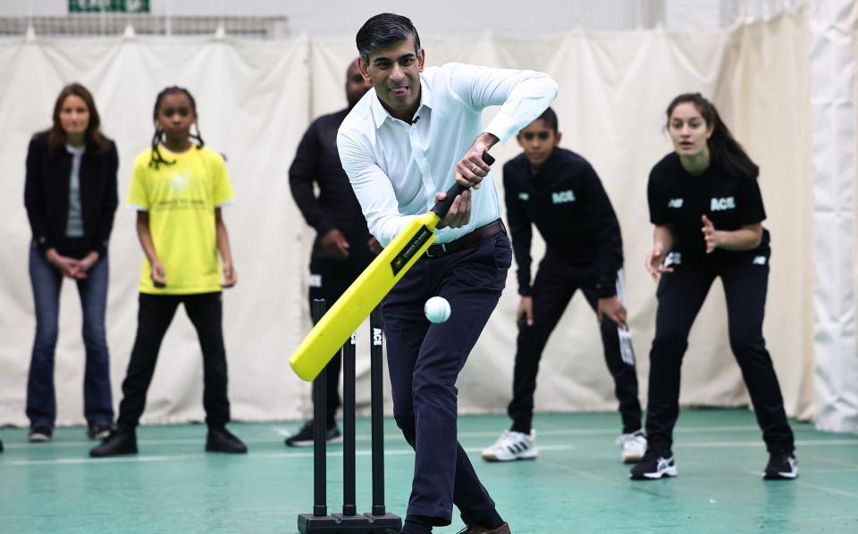 Rishi Sunak, the Prime Minister, is pictured this morning as he took part in a cricket practice session during a visit to The Oval cricket ground in south London