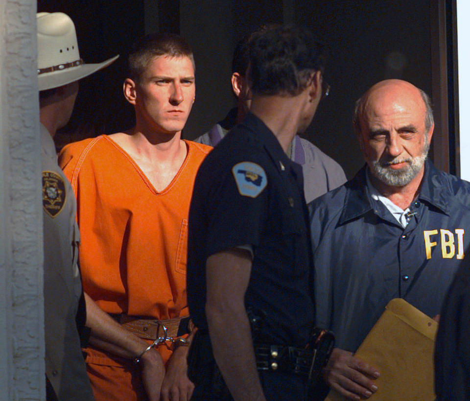 Timothy McVeigh is led out of the Noble County Courthouse in Perry, Okla., on April 21, 1995. (John Gaps III/AP File)