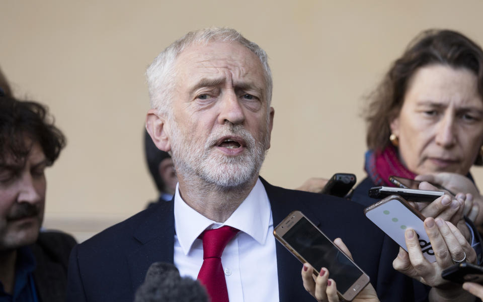 Labour leader Jeremy Corbyn speaking to reporters outside the European Commission in Brussels (Getty)