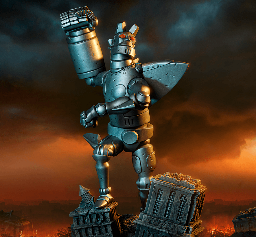 Giant Robot Hellboy statue stands over the ruins of a city.