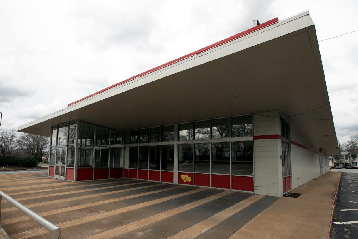 The former Varsity location in Athens, Ga., on Friday, March 8, 2024. The redevelopment plan for the location plans to save giant old magnolia trees.