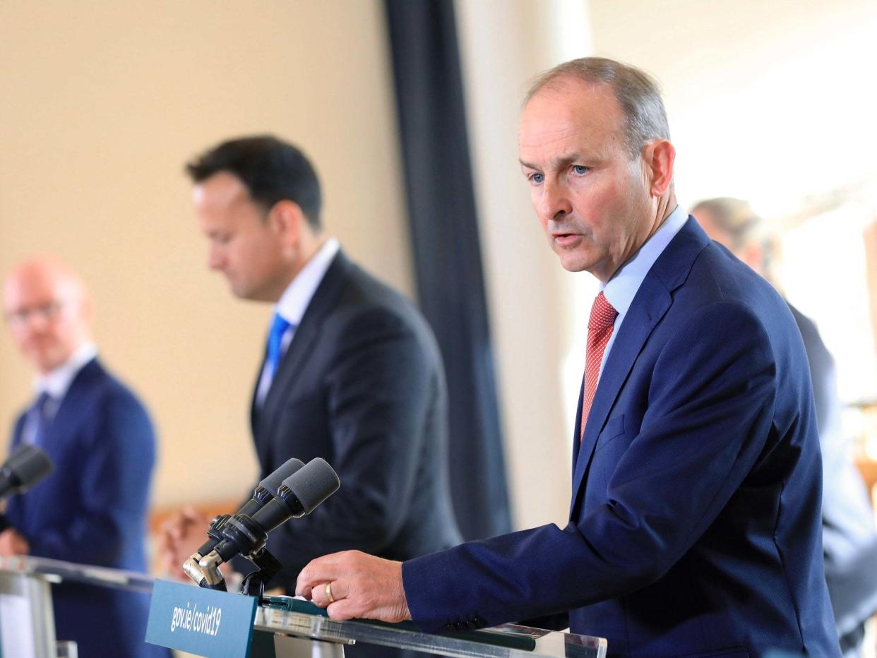 (left to right) Minister for Health Stephen Donnelly, Tanaiste Leo Varadkar and Taoiseach Micheal Martin TD during the post cabinet press briefing: PA