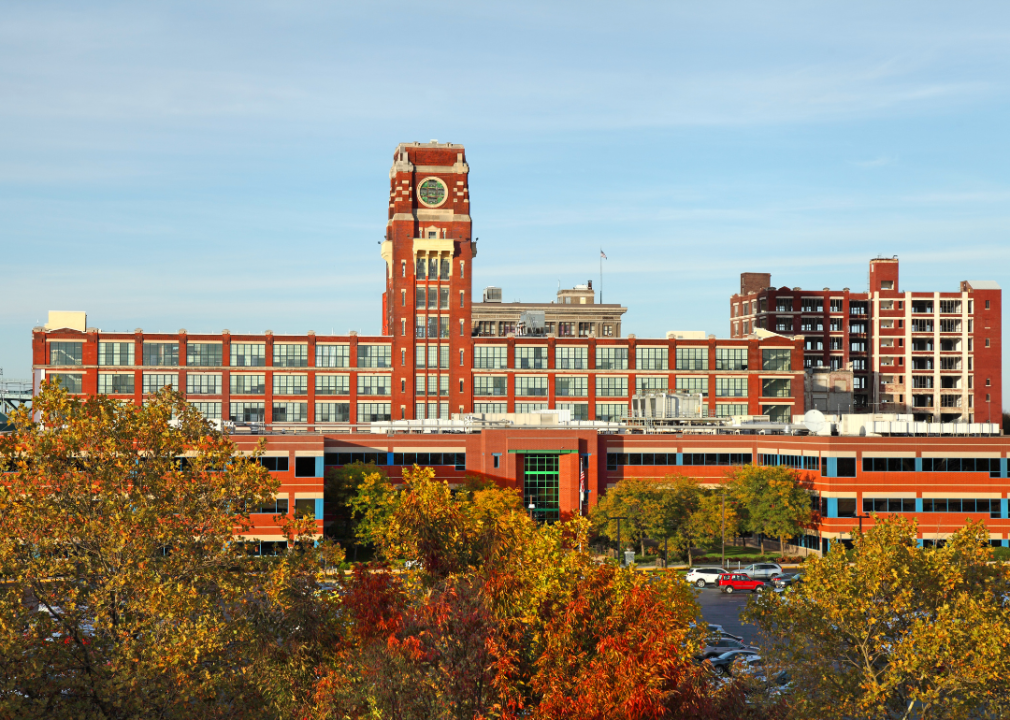 Aerial view of urban skyline in Camden, New Jersey.