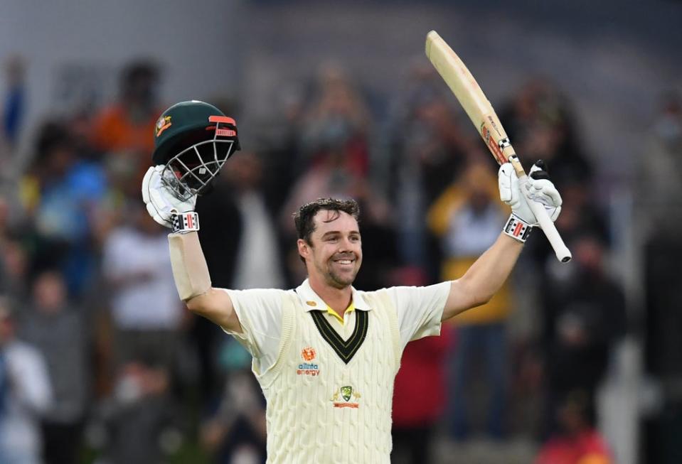 Travis Head celebrates his century (Darren England/AAP/PA) (PA Media)