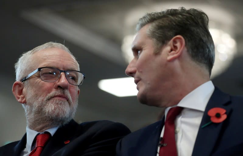 Britain's opposition Labour Party leader Jeremy Corbyn and Shadow Brexit Secretary Keir Starmer attend a general election campaign meeting in Harlow