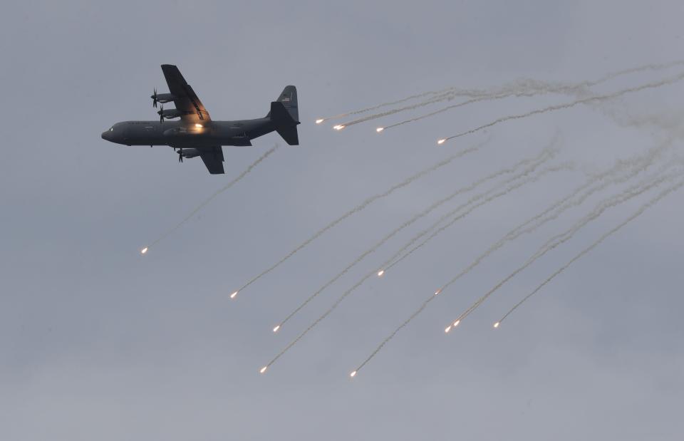 The C-130J released flares during the Thunder Over Louisville airshow in Louisville, Ky. on Apr. 20, 2024.