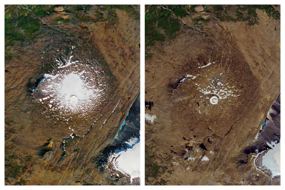 Sept 14, 1986 and Aug 1, 2019: The shrinking of the Okjokull glacier on the Ok volcano in west-central Iceland. (AP)