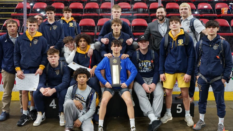 <em>(Photo Courtesy: @Sect4Athletics on “X”) Tioga boys wrestling celebrates a dominant showing at the Section IV championships. </em>