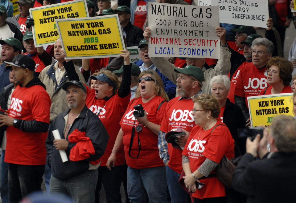 Demonstrators in favor of responsible natural gas drilling in New York rally at the Capitol in Albany, N.Y. on Monday, Oct. 15, 2012. (AP Photo/Tim Roske)