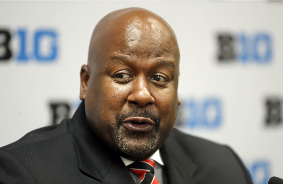 Maryland head coach Mark Locksley talks to reporters during the Big Ten Conference NCAA college football media days Thursday, July 18, 2019, in Chicago. (AP Photo/Charles Rex Arbogast)