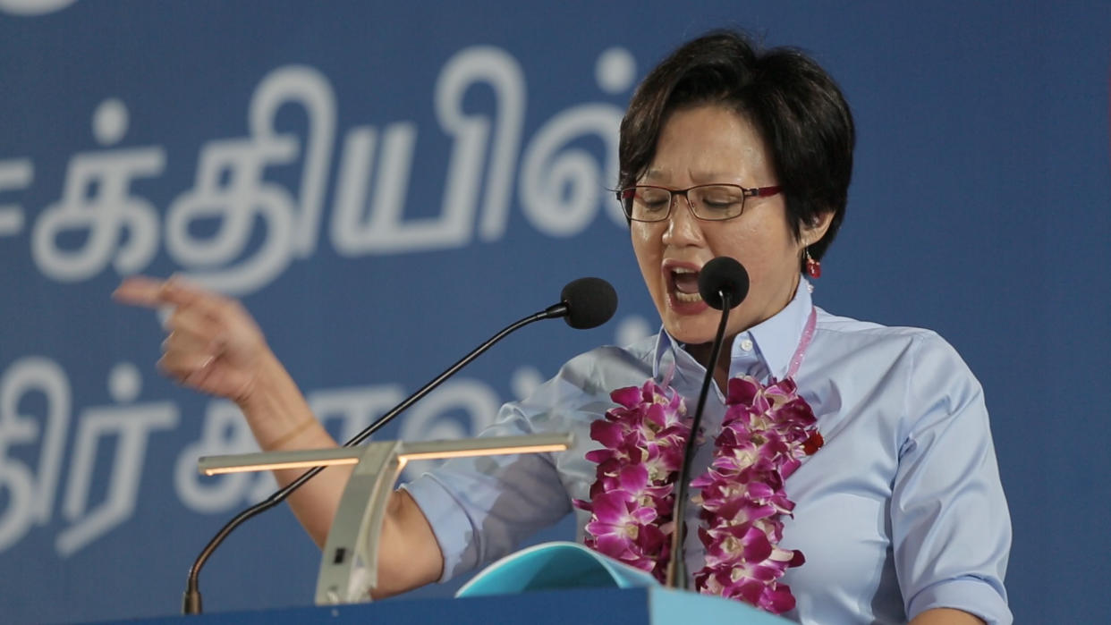 Workers’ Party chair Sylvia Lim spoke at a rally at Bedok Stadium on 9 September 2015. (Yahoo file photo)