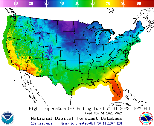 A National Weather Service map shows high temperatures forecast for the country on Oct. 31, 2023. (Map: NOAA)