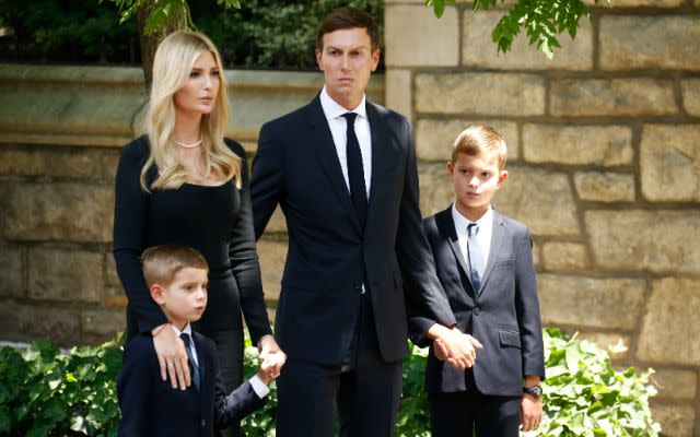 NEW YORK, NEW YORK – JULY 20: (L-R) Ivanka Trump, Theo Kushner, Jared Kushner and Joseph Kushner attend the funeral of Ivana Trump at St. Vincent Ferrer Roman Catholic Church on July 20, 2022 in New York City. Ivana Trump, the first wife of former president Donald Trump, died at the age of 73 after a fall down the stairs of her Manhattan home. (Photo by John Lamparski/Getty Images)