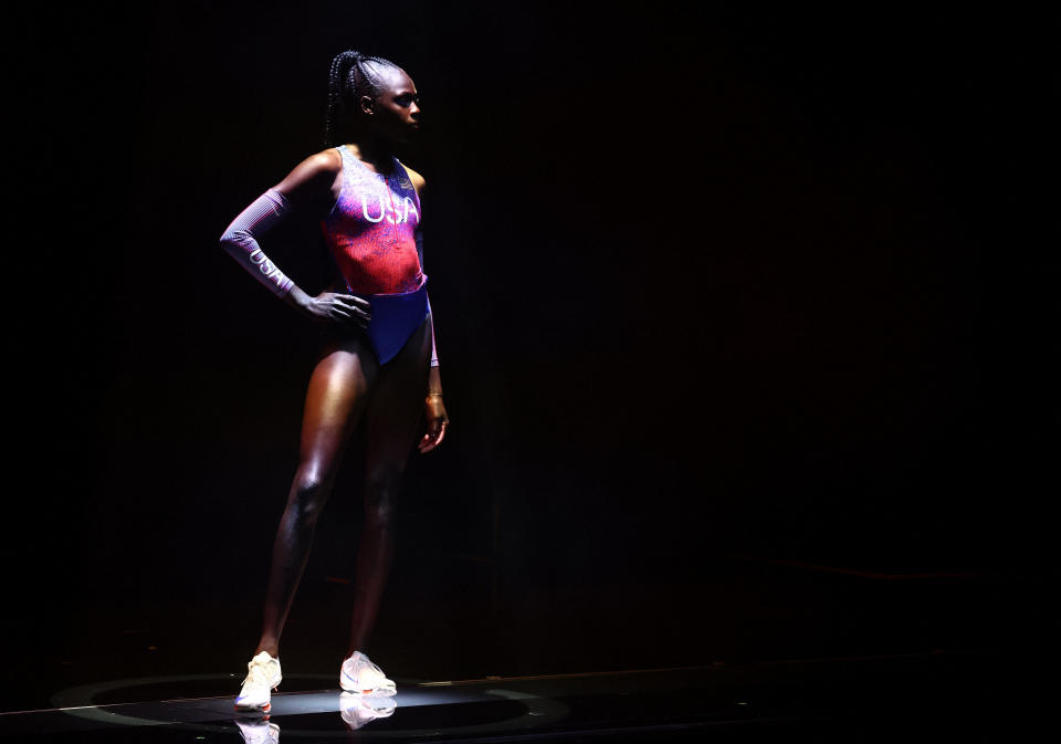 American middle distance runner Athing Mu poses in the Nike Olympics uniform for the 2024 Summer Games which were unveiled on Thursday. (REUTERS/Stephanie Lecocq)