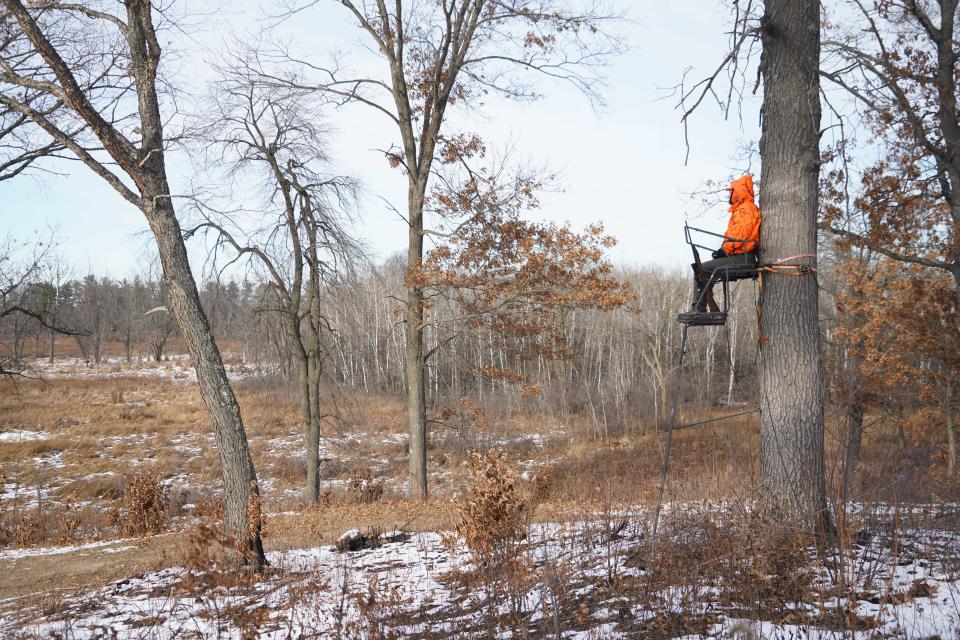 From a tree stand, a deer hunter looks out over a parcel of land in Sauk County on Sunday, the second day of the Wisconsin gun deer hunting season.