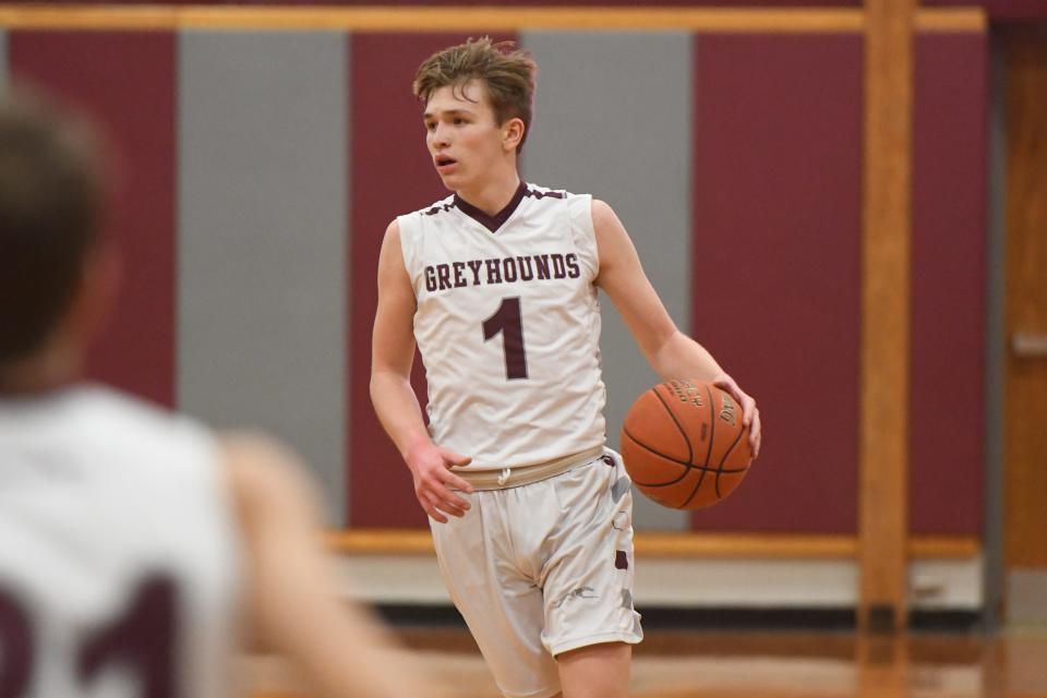 Cole Trn (1) dribbles the ball up during Shippensburg's game against Waynesboro on Tuesday, January 31, 2022