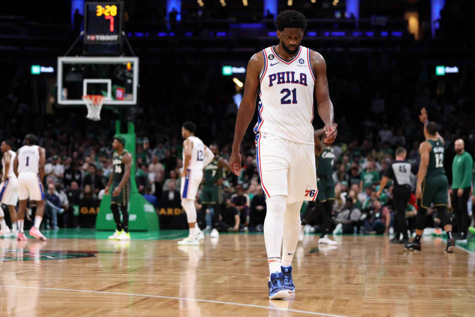 BOSTON, MASSACHUSETTS - OCTOBER 18: Joel Embiid #21 of the Philadelphia 76ers walks off of the court during a timeout during the second half against the Boston Celtics at TD Garden on October 18, 2022 in Boston, Massachusetts. NOTE TO USER: User expressly acknowledges and agrees that, by downloading and or using this photograph, User is consenting to the terms and conditions of the Getty Images License Agreement. (Photo by Maddie Meyer/Getty Images)