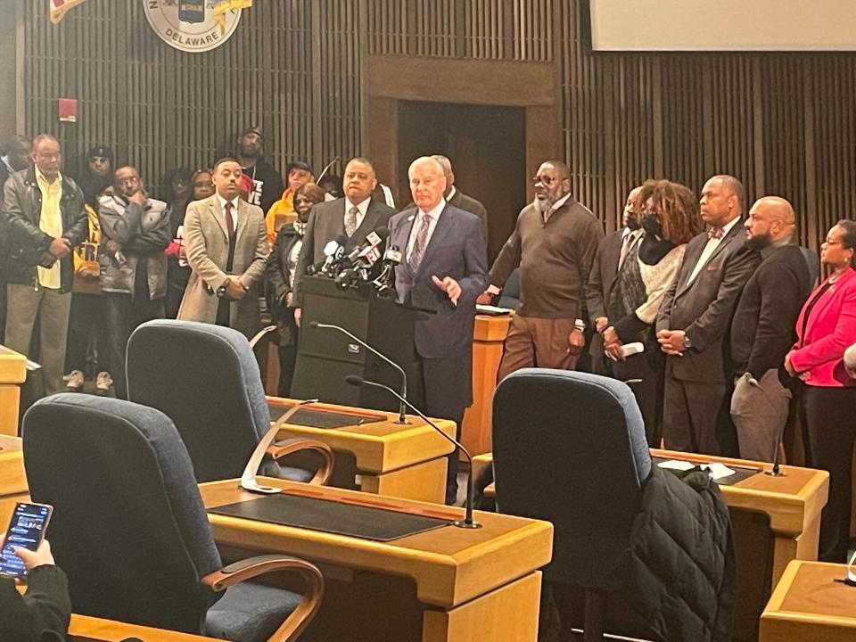 Wilmington Mayor Mike Purzycki delivers a speech during a gathering for Tyre Nichols at the City Council chambers on Jan. 31.