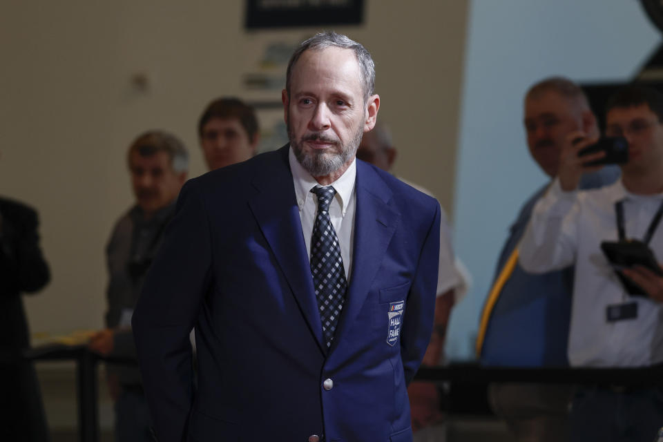 Kirk Shelmerdine, a former crew chief, arrives for the NASCAR Hall of Fame induction ceremony in Charlotte, N.C., Friday, Jan. 20, 2023. (AP Photo/Nell Redmond)