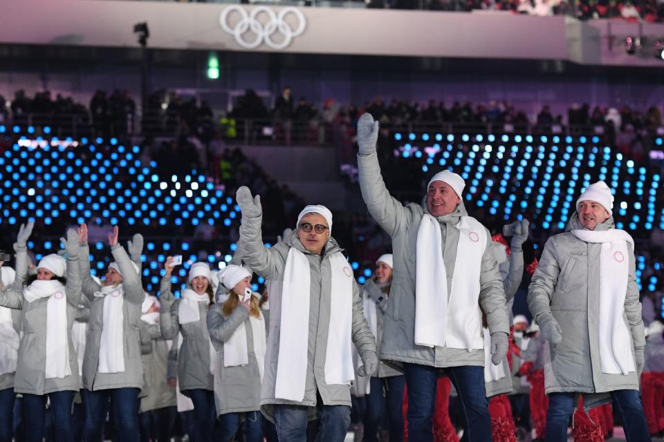 Olympic athletes from Russia's (OAR) parade during the opening ceremony. Banned from participating as representatives of Russia due to a doping scandal, they were required to wear neutral uniforms with no country designation.