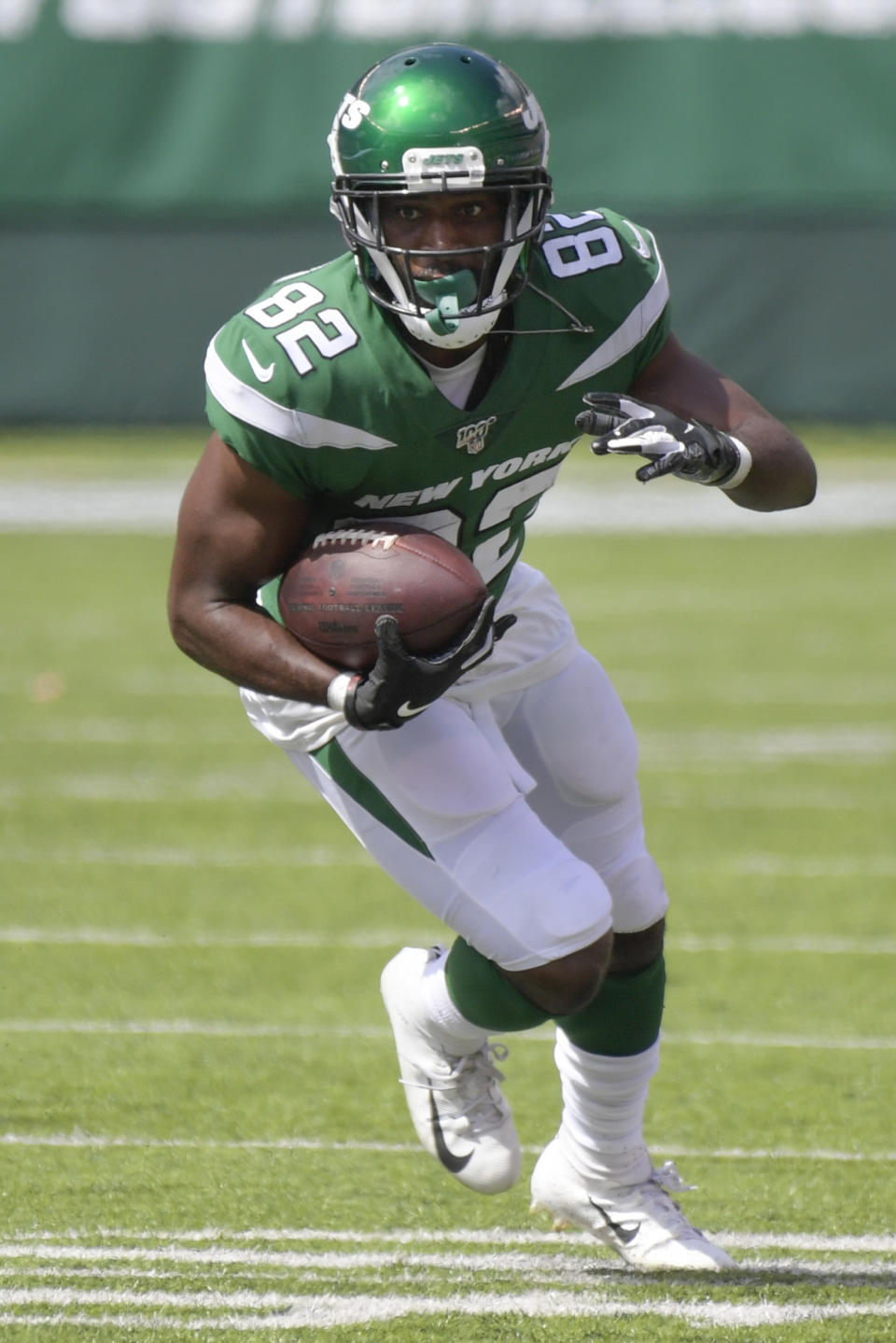 New York Jets' Jamison Crowder (82) runs after a catch during the first half of an NFL football game against the Buffalo Bills Sunday, Sept. 8, 2019, in East Rutherford, N.J. (AP Photo/Bill Kostroun)