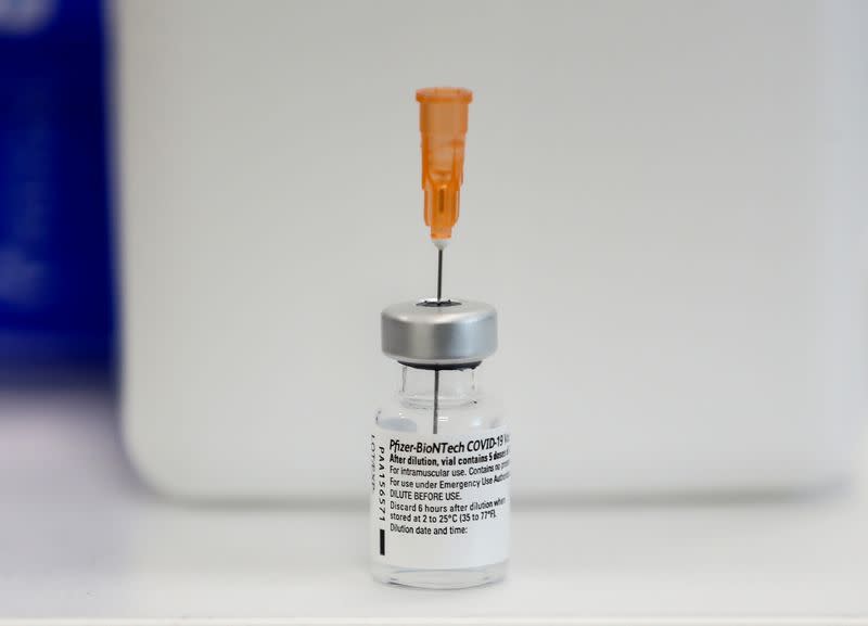 FILE PHOTO: A vial of the Pfizer-BioNTech coronavirus disease (COVID-19) vaccine is seen on a table at Ankara City Hospital in Ankara