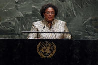 Prime Minister Mia Amor Mottley, of Barbados, addresses the 74th session of the United Nations General Assembly, Friday, Sept. 27, 2019. (AP Photo/Richard Drew)