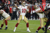 San Francisco 49ers quarterback Jimmy Garoppolo (10) throws against the Arizona Cardinals during the second half of an NFL football game, Thursday, Oct. 31, 2019, in Glendale, Ariz. (AP Photo/Rick Scuteri)