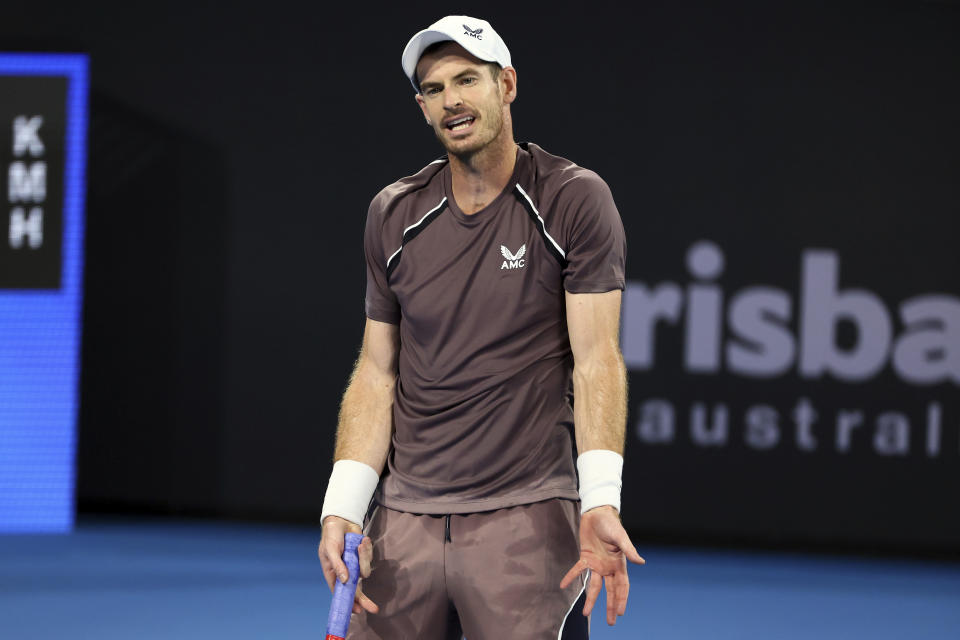 Andy Murray of Great Britain reacts after missing a shot in his match against Grigor Dimitrov of Bulgaria during the Brisbane International tennis tournament in Brisbane, Australia, Monday, Jan. 1, 2024. (AP Photo/Tertius Pickard)