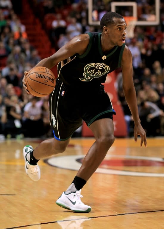 Milwaukee Bucks' Khris Middleton during the game against the Miami Heat at American Airlines Arena on January 19, 2016