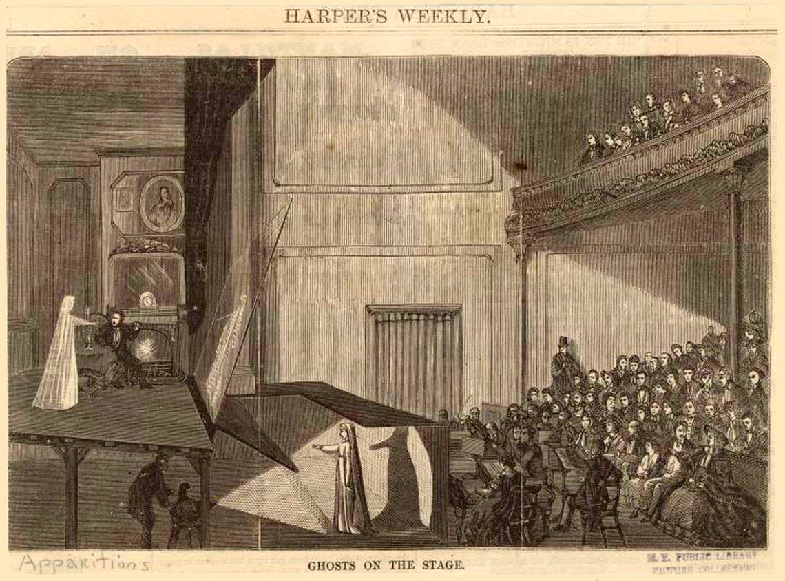 An illustration in Harper’s Weekly demonstrating how a false image of a ghost could be projected from below.