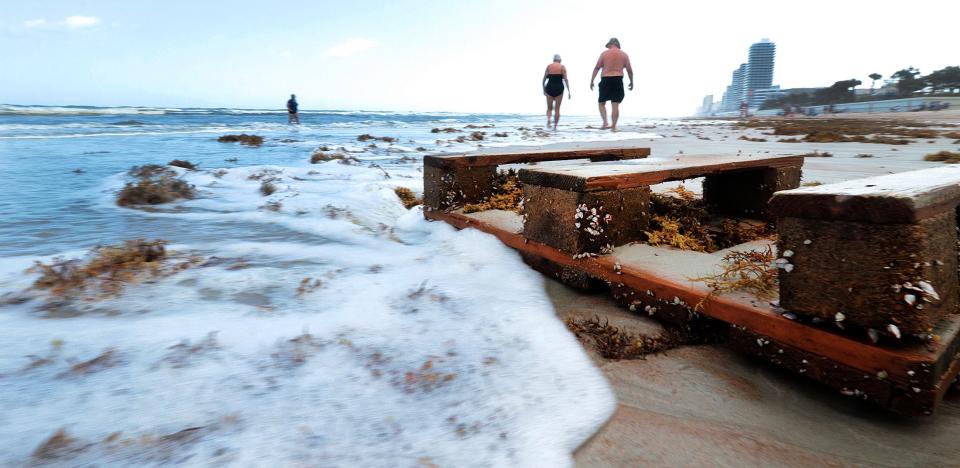 Beachgoers walk past a barnacle-covered shipping pallet, washed ashore with lots of seaweed on Monday near Andy Romano Beachfront Park in Ormond Beach. Although Subtropical Storm Nicole isn't forecast to approach Central Florida until Wednesday, the storm's initial effects could be evident on Monday, according to the National Weather Service in Melbourne.