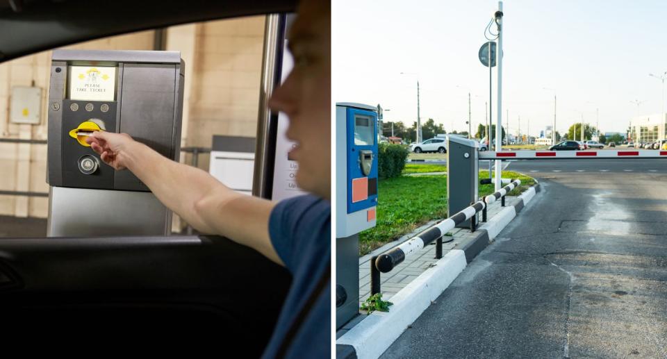 A man puts a parking ticket into a car reading machine (left) a boom gate at a parking station (right).