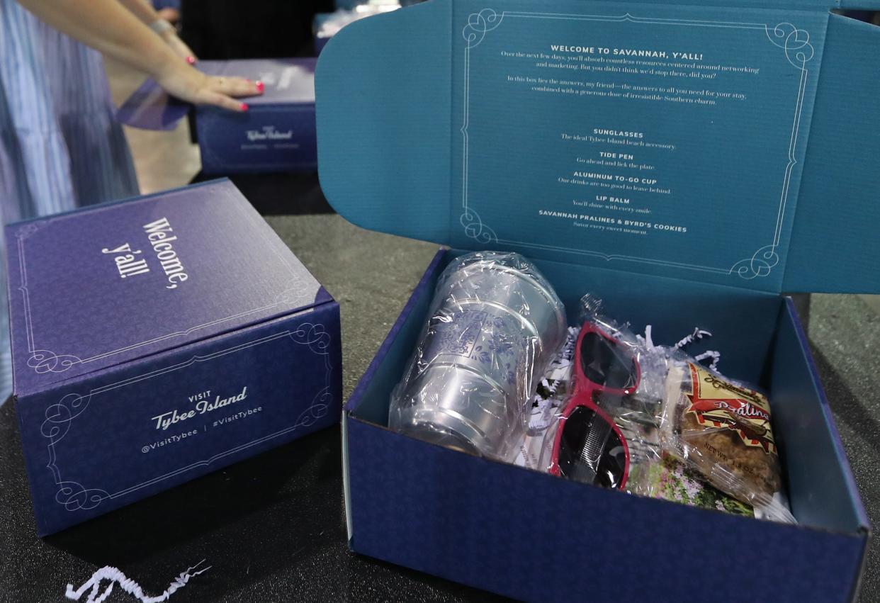 Visit Savannah prepared nearly 1,300 welcome gift boxes for US Travel's ESTO at the Savannah Convention Center. Each box included an aluminum to go cup, a Savannah praline, and Byrd cookies among other items.