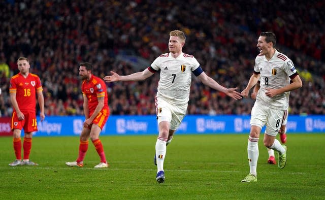 Kevin De Bruyne (second right) celebrates scoring for Belgium