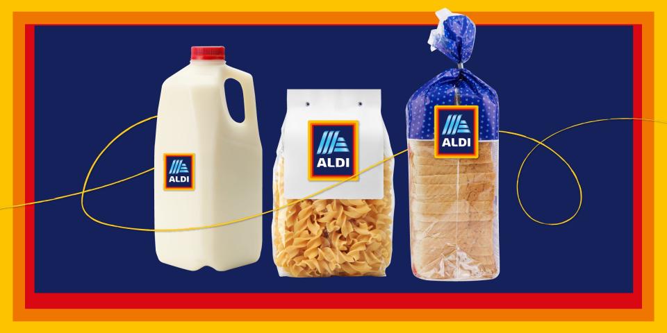 Grocery products with the Aldi logo on them against a navy blue background with a red, orange, and yellow border