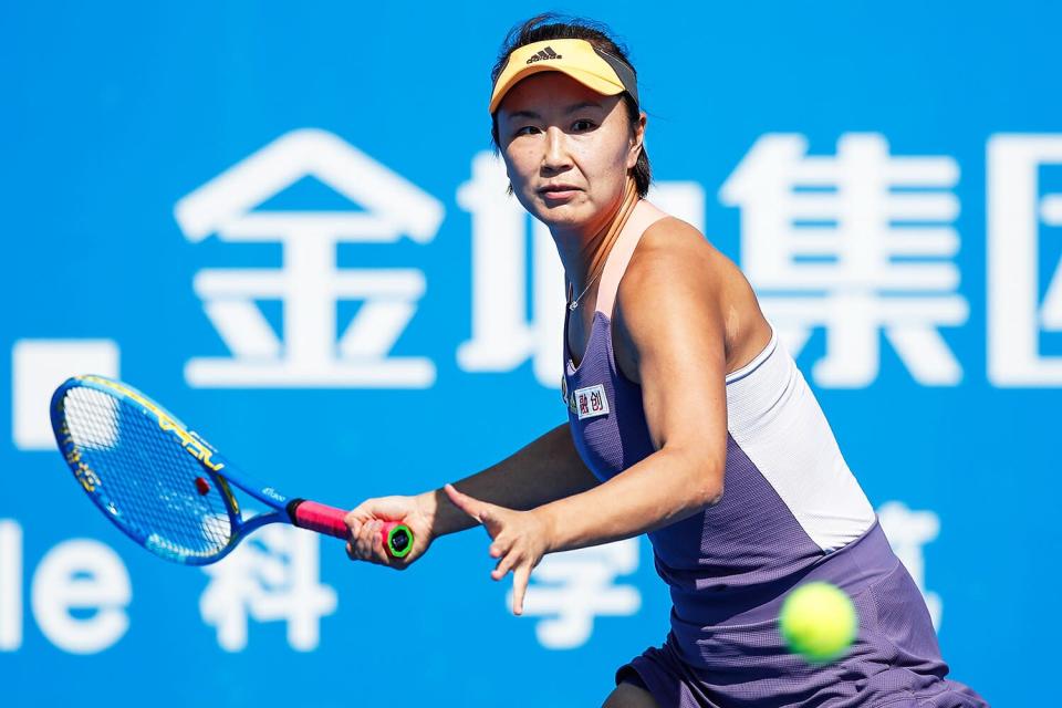 Peng Shuai of China returns a shot during the women&#39;s singles 2nd round match against Ekaterina Alexandrova of Russia on day 4 of the 2020 WTA Shenzhen Open at Shenzhen Longgang Sports Center on January 08, 2020 in Shenzhen, China.