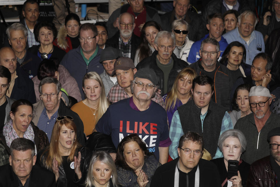 FILE - In this Jan. 18, 2020, file photo, supporters for Democratic presidential candidate Mike Bloomberg look on as he speaks during a rally, in Salt Lake City. Democratic presidential candidates like to boast about their ability to lure away disaffected Republican voters. If there’s a place to test their skills, it’s Utah. (AP Photo/Rick Bowmer, File)